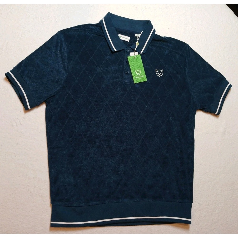 NWT Golf Linx 18 Men's Midnight Blue Diamond Pattern Terry Polo Shirt M GLMT0020